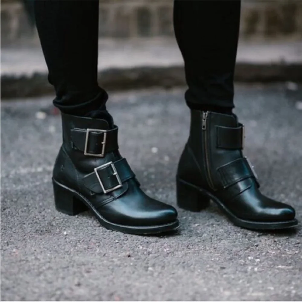 $399 Frye Sabrina Double Buckle Academia Grey Suede Leather Block Heel AnkleBoot - Picture 6 of 16